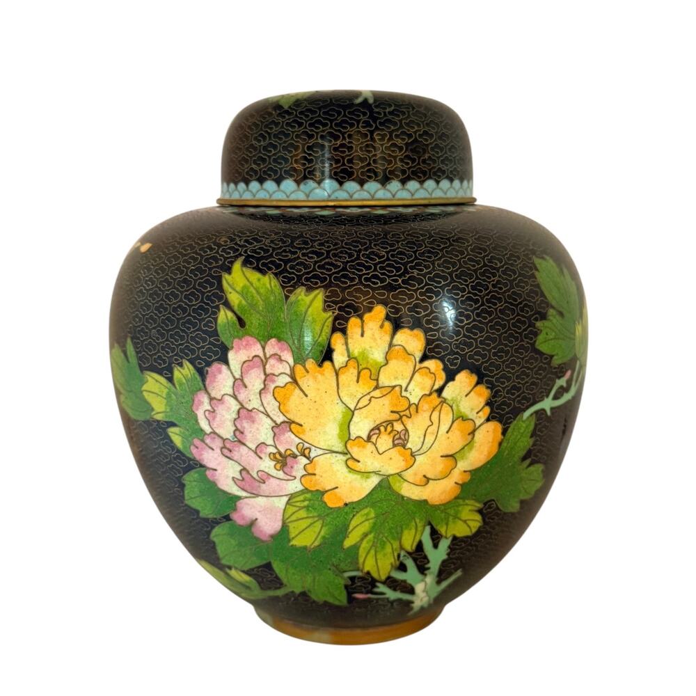 Mid 20th Century Chinese Black Cloissone 8” Lidded Ginger Jar Peony Motif